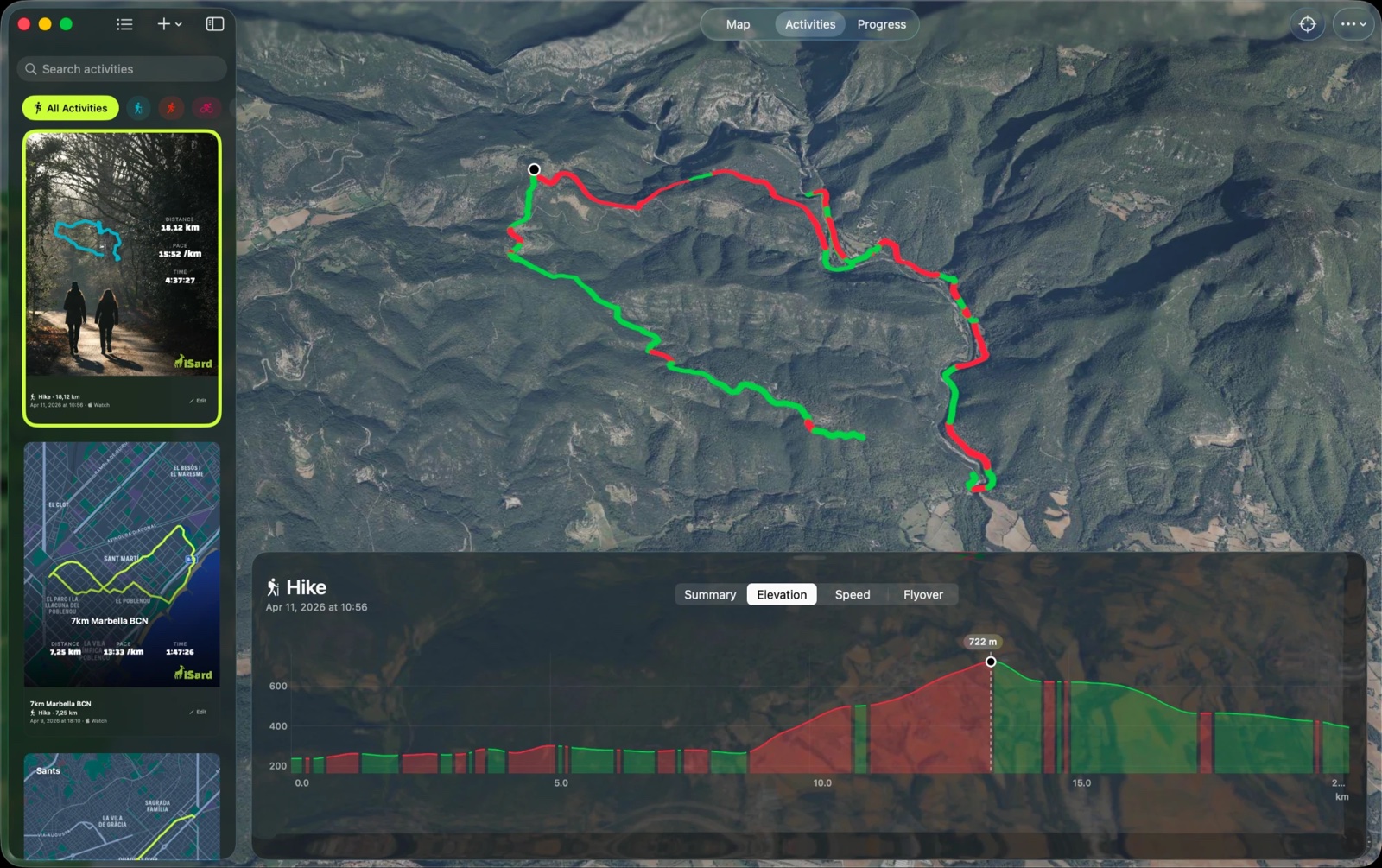 App de iSard para Mac mostrando un mapa por satélite, una ruta de senderismo y su gráfica de elevación