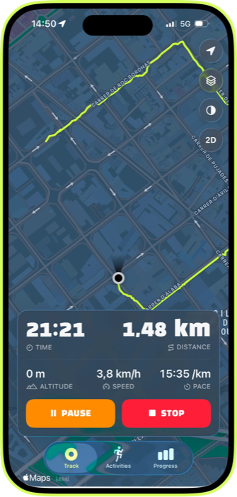 Mapa 3D de Apple Maps con una ruta y estadísticas de distancia, ritmo y desnivel
